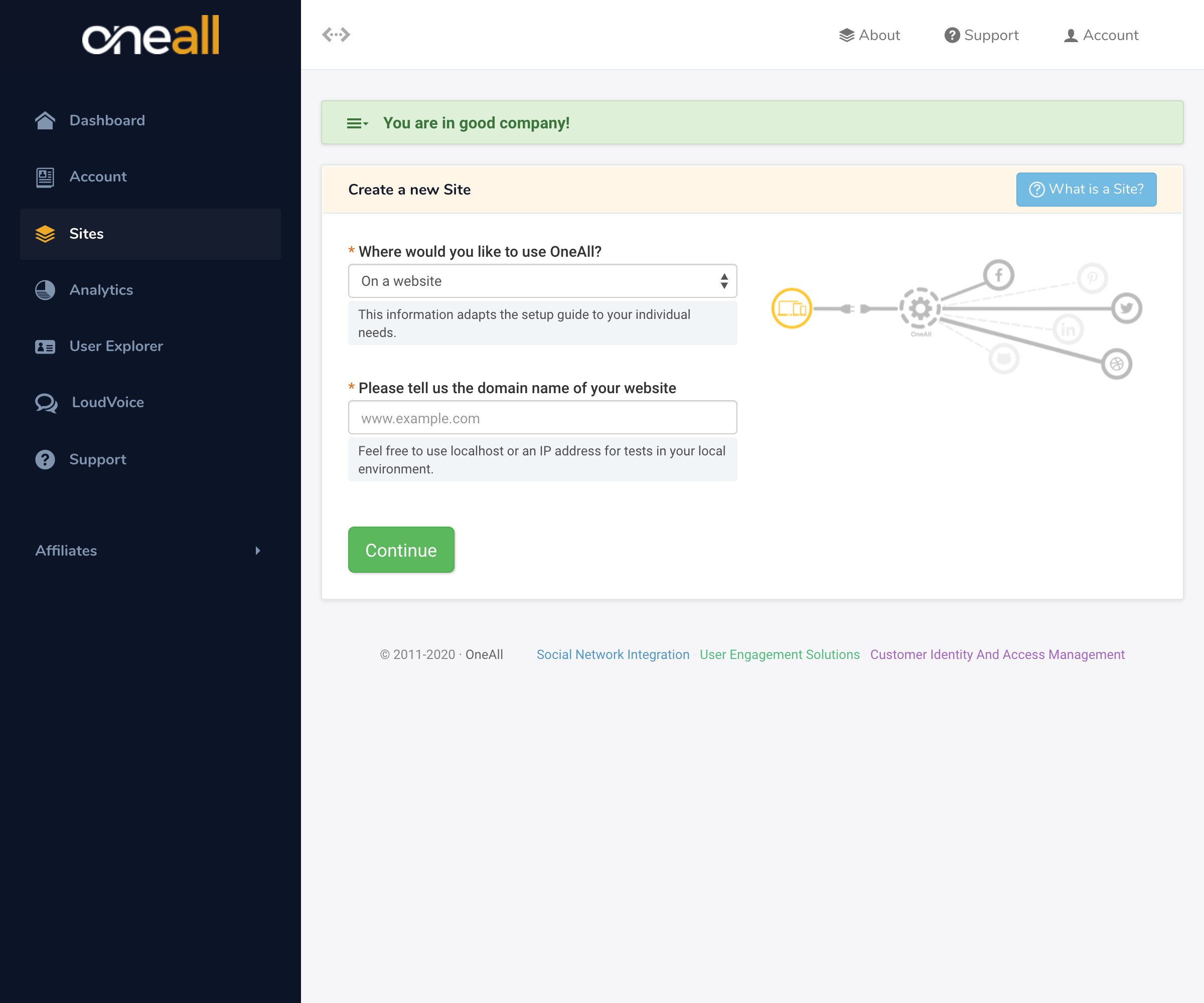 OneAll - Create a new Site